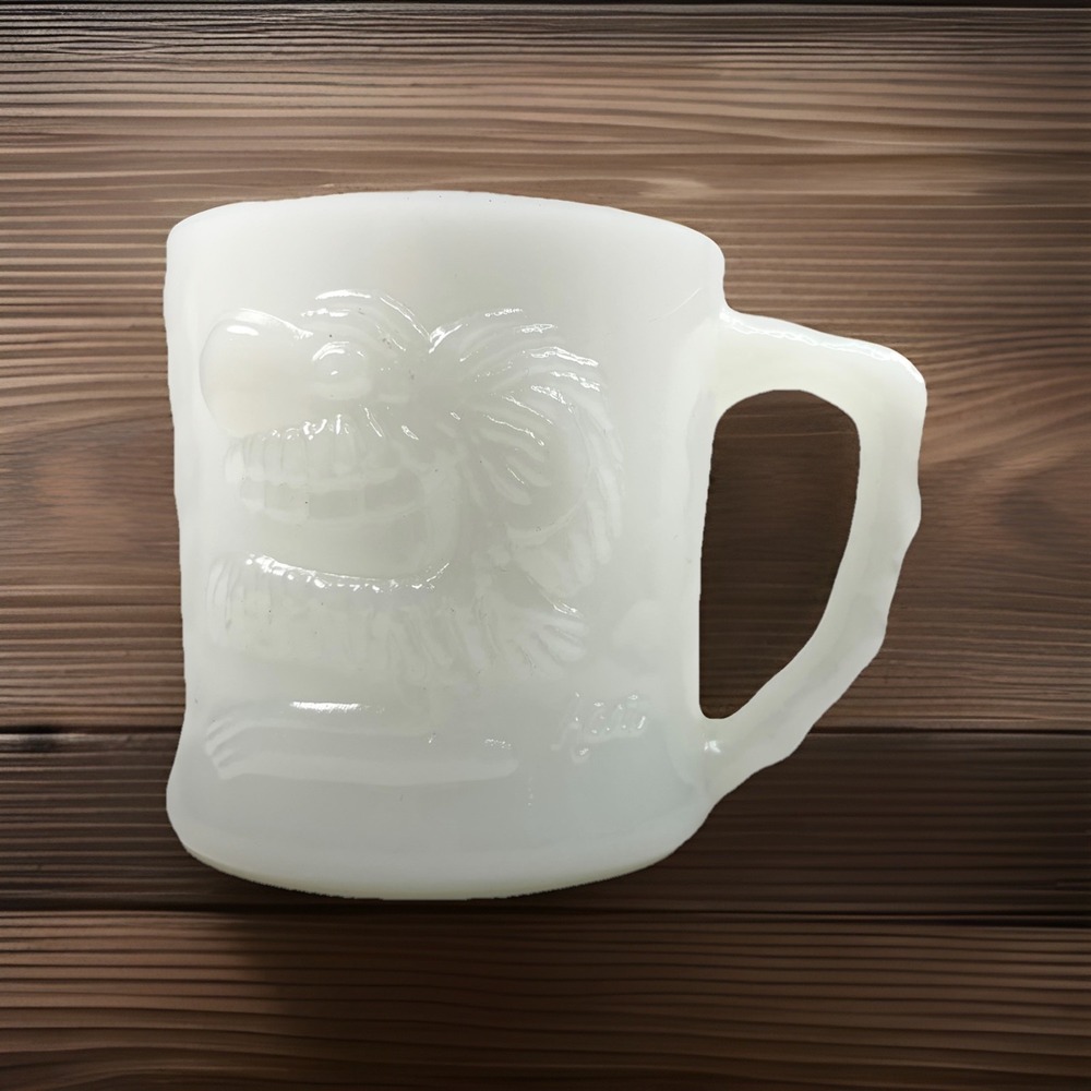 Vintage GROG Caveman Milk Glass Mugs BC Comic Fire King Johnny Hart Set Of 2
